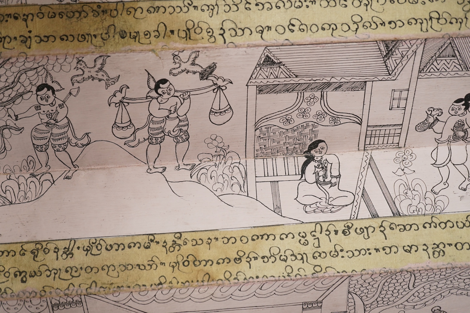 A Burmese Buddhist folding sutra with painted decoration, 40cm wide. Condition - fair